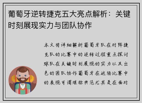 葡萄牙逆转捷克五大亮点解析：关键时刻展现实力与团队协作