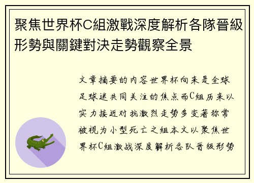 聚焦世界杯C組激戰深度解析各隊晉級形勢與關鍵對決走勢觀察全景